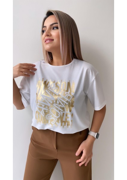 Awe Some Varak Baskılı Tişört Ekru modelleri