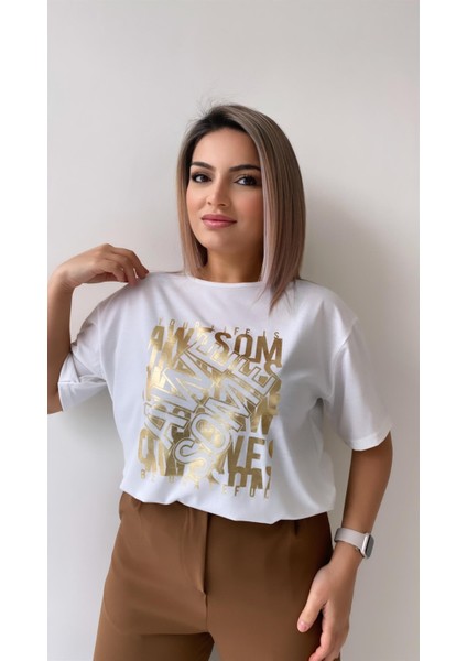 Awe Some Varak Baskılı Tişört Ekru