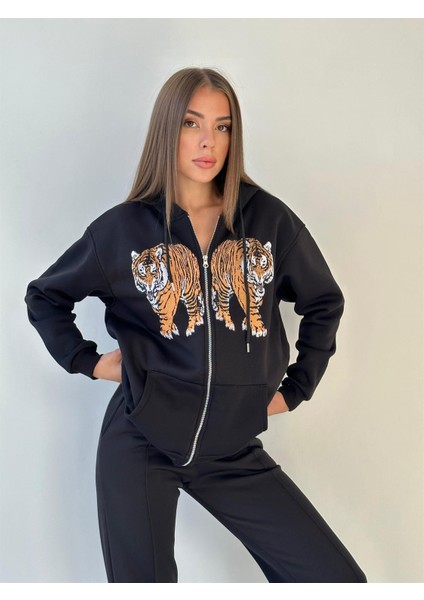 Kapüşonu Astarlı Baskılı Fermuarlı Sweat Siyah fiyatları