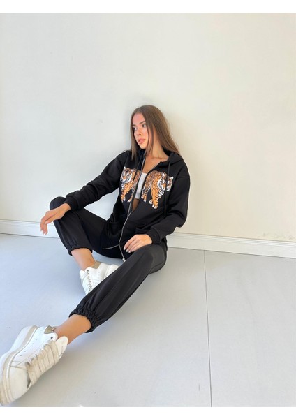 Kapüşonu Astarlı Baskılı Fermuarlı Sweat Siyah modelleri