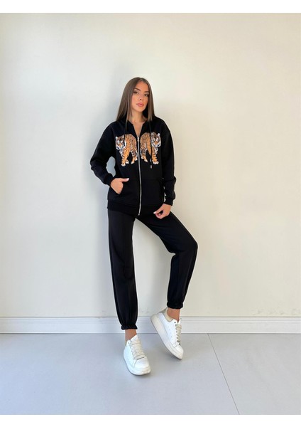Kapüşonu Astarlı Baskılı Fermuarlı Sweat Siyah fırsatları