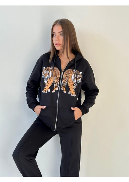 Kapüşonu Astarlı Baskılı Fermuarlı Sweat Siyah indirimleri