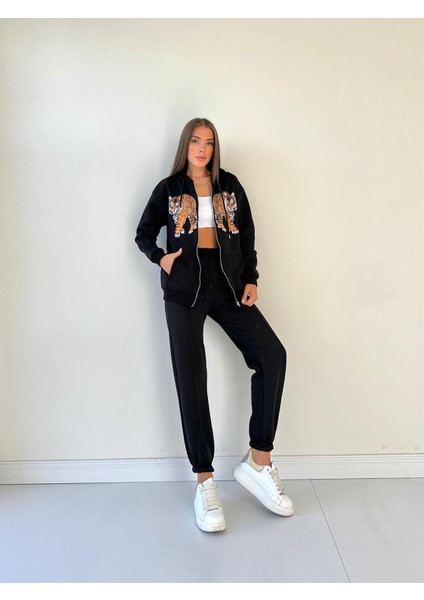 Kapüşonu Astarlı Baskılı Fermuarlı Sweat Siyah