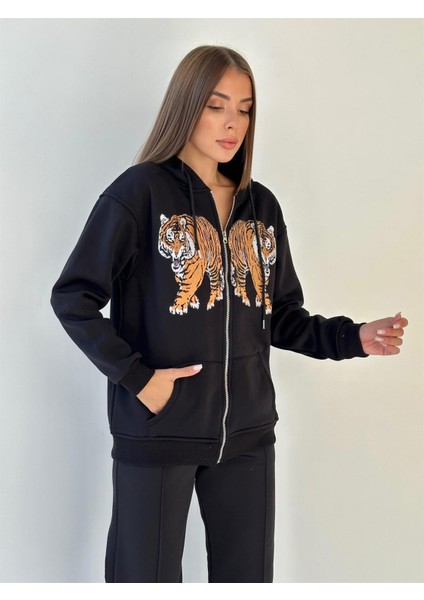 Kapüşonu Astarlı Baskılı Fermuarlı Sweat Siyah