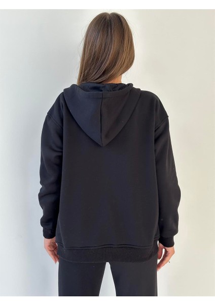 Kapüşonu Astarlı Baskılı Fermuarlı Sweat Siyah