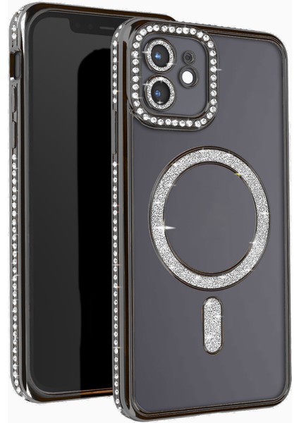 Apple iPhone 11 Uyumlu Taşlı Magsafe Şarj Özellikli Kamera Korumalı Simli Kılıf
