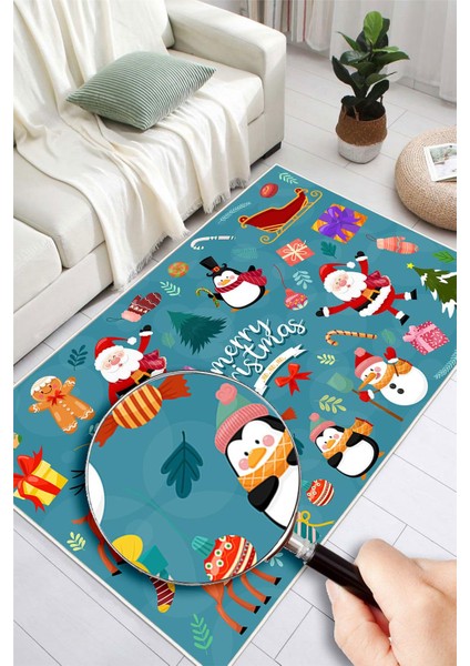 Dijital Baskılı Kaymaz Tabanlı Yıkanabilir Mavi Noel Halısı modelleri