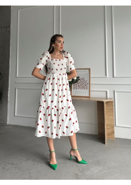 Çilekli Balon Kol Poplin Elbise Ekru