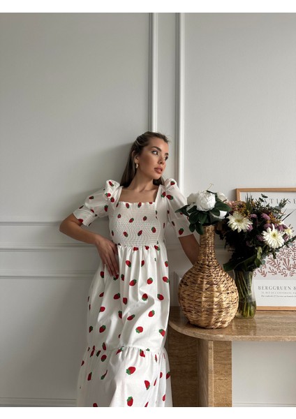 Çilekli Balon Kol Poplin Elbise Ekru fiyatları