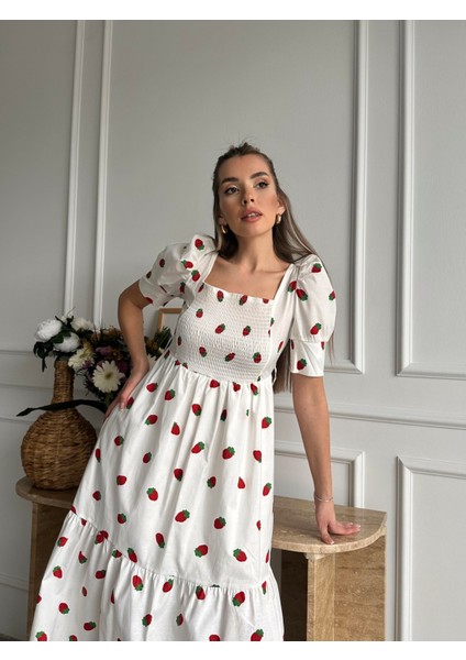 Çilekli Balon Kol Poplin Elbise Ekru modelleri