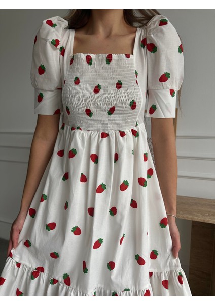 Çilekli Balon Kol Poplin Elbise Ekru fırsatları