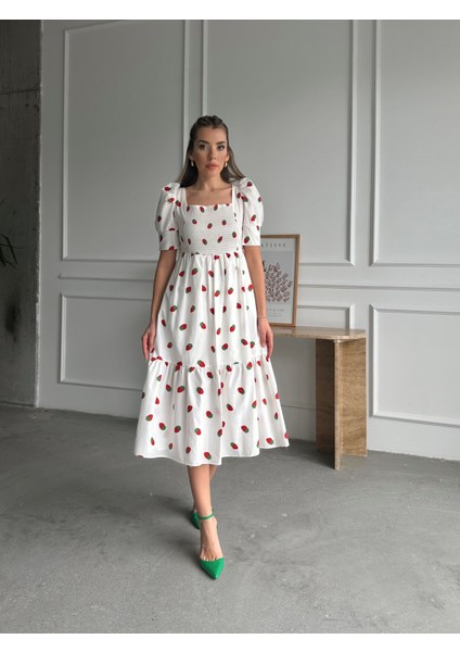 Çilekli Balon Kol Poplin Elbise Ekru indirimleri