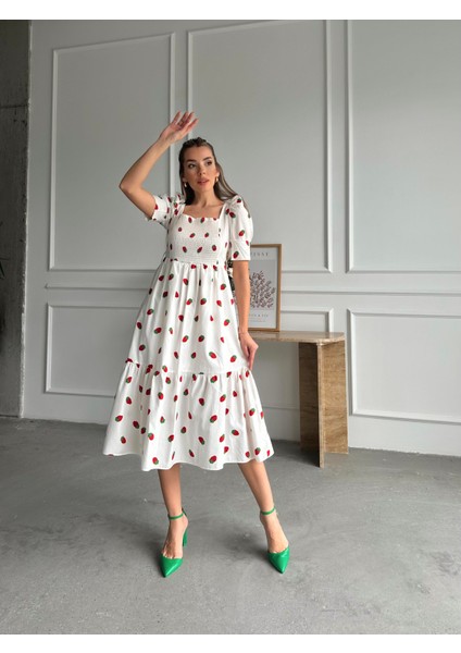 Çilekli Balon Kol Poplin Elbise Ekru