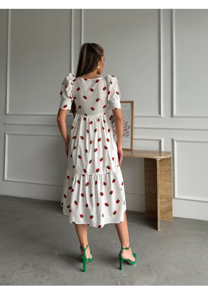 Çilekli Balon Kol Poplin Elbise Ekru