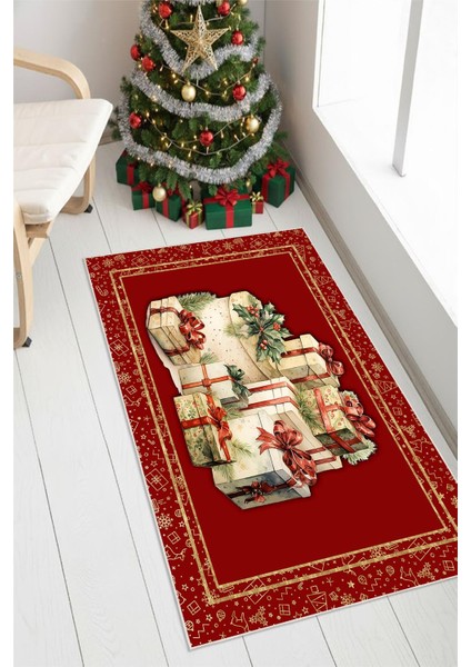 Yeni Yıl Hediye Temalı Kırmızı Dijital Baskılı Yıkanabilir Halı