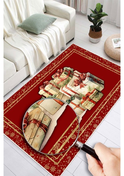 Yeni Yıl Hediye Temalı Kırmızı Dijital Baskılı Yıkanabilir Halı modelleri