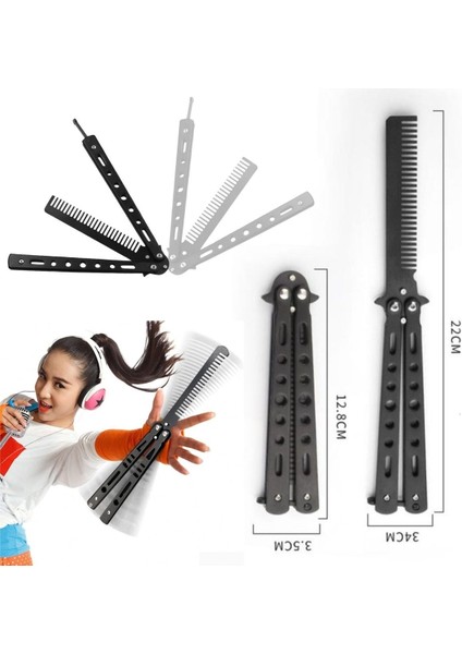 BUFFER® Siyah Katlanabilir Paslanmaz Çelik Kelebek Bıçak Tarak Sakal Bıyık Fırçası Profesyonel Saç Kesimi İçin Tarak fırsatları