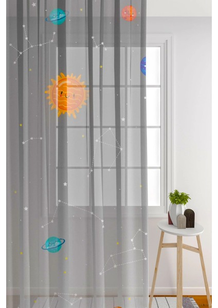 Tül Perde Seyrek Pile (1x2) Çocuk Odası Tül Perde Çocuk Odası Gri Perde Gezegen Desenli Perde modelleri
