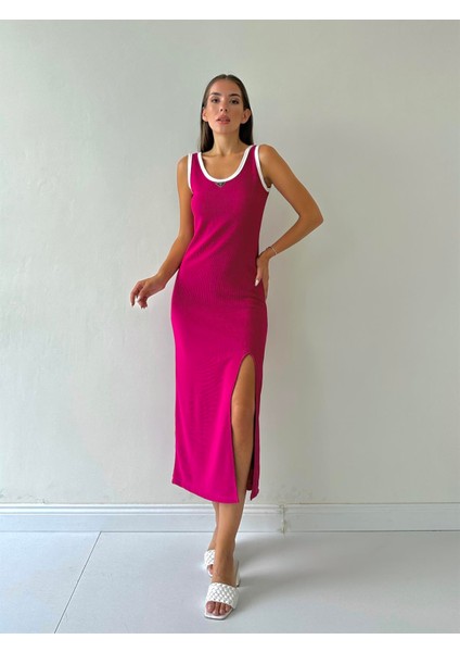 Fitilli Yırtmaçlı Prad Logolu Elbise Fuşya modelleri