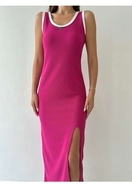 Fitilli Yırtmaçlı Prad Logolu Elbise Fuşya fırsatları