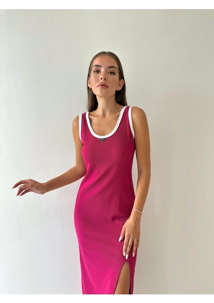 Fitilli Yırtmaçlı Prad Logolu Elbise Fuşya indirimleri