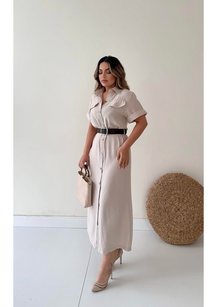 Kemerli Midi Gömlek Elbise Taş