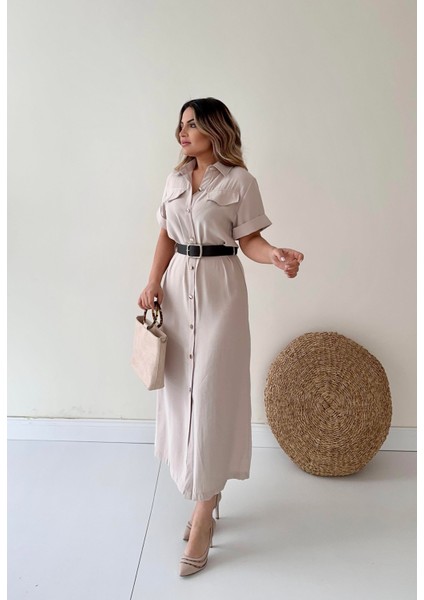 Kemerli Midi Gömlek Elbise Taş fiyatları