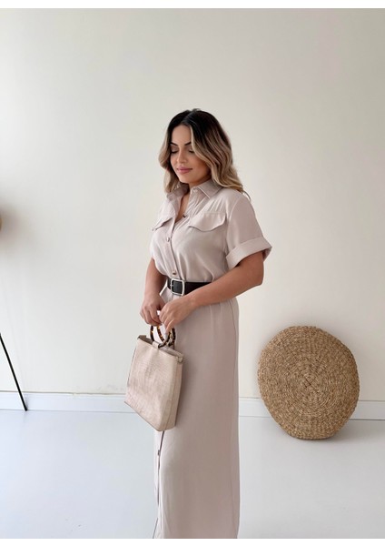 Kemerli Midi Gömlek Elbise Taş modelleri