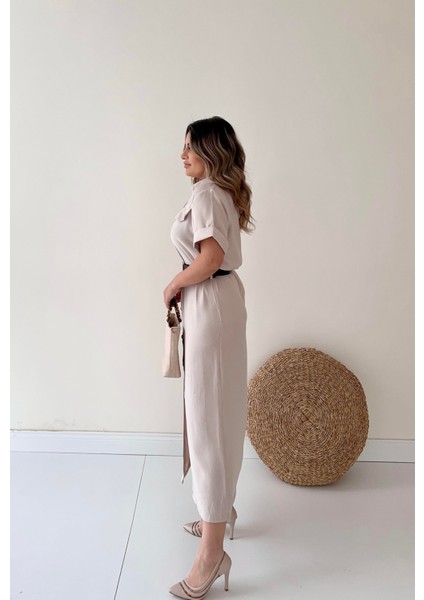 Kemerli Midi Gömlek Elbise Taş fırsatları