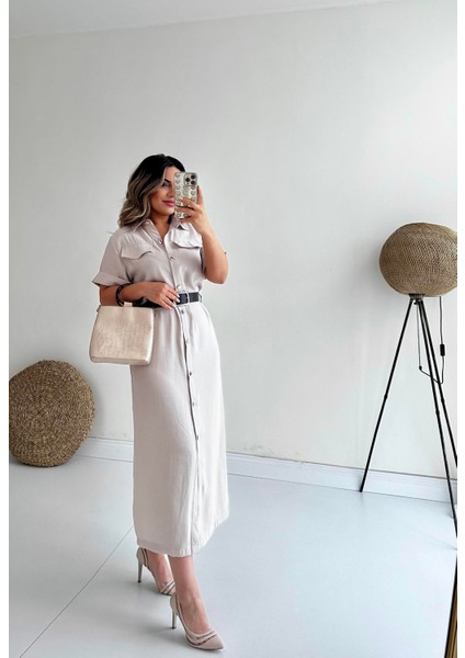 Kemerli Midi Gömlek Elbise Taş indirimleri
