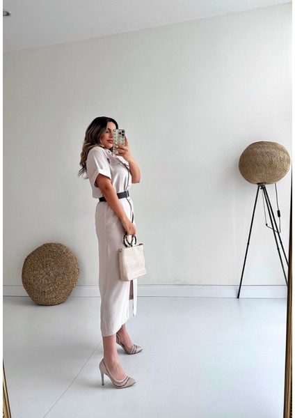 Kemerli Midi Gömlek Elbise Taş