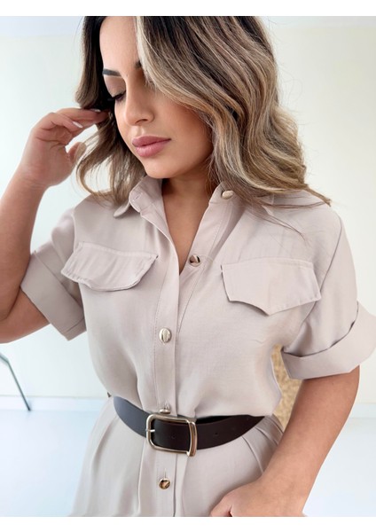 Kemerli Midi Gömlek Elbise Taş