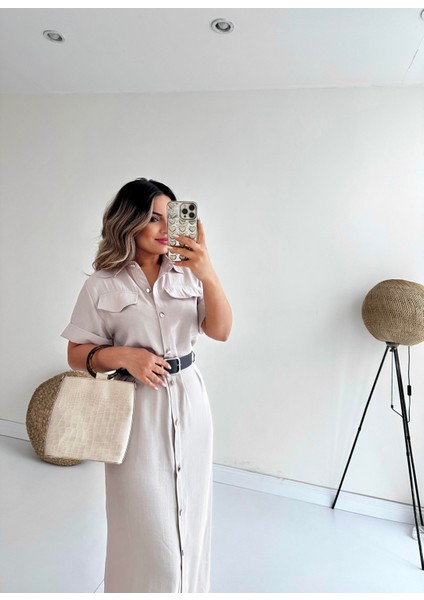 Kemerli Midi Gömlek Elbise Taş