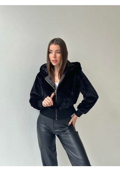 Ribanalı Kapüşonlu Peluş Mont Siyah