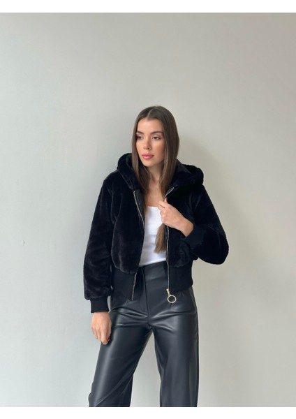 Ribanalı Kapüşonlu Peluş Mont Siyah