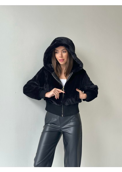 Ribanalı Kapüşonlu Peluş Mont Siyah