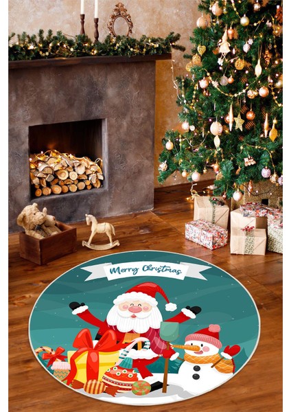 Merry Christmas Yılbaşı Temalı Dijital Baskılı Yıkanabilir Mavi Yuvarlak Halı