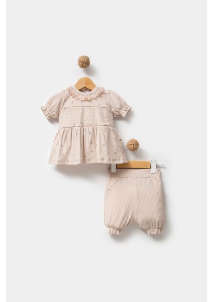 %100 Organik Pamuk Kumaş Dantel Yaka Kız Bebek Şortlu 2'li Takım