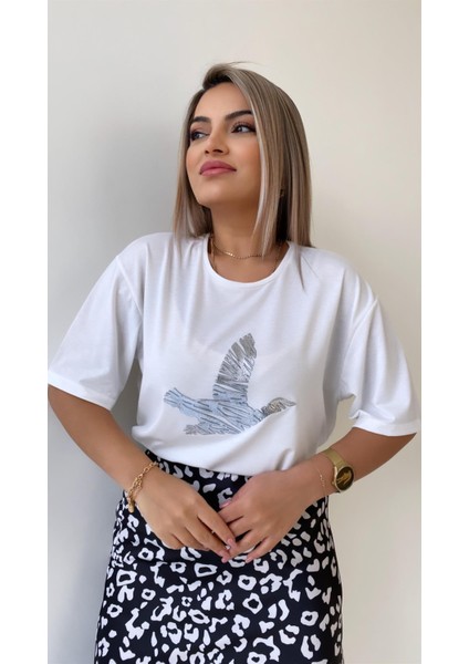 Dolgulu Kuş Baskılı Tişört Ekru Gümüş