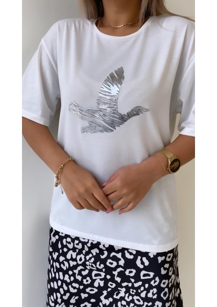 Dolgulu Kuş Baskılı Tişört Ekru Gümüş indirimleri