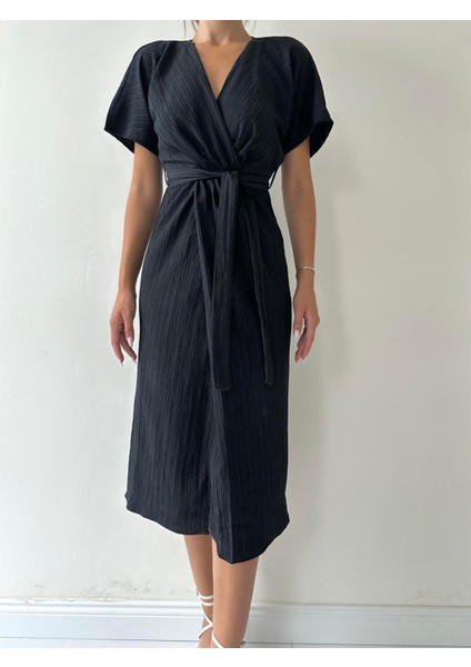 Lorenzo Kruvaze Yaka Kuşaklı Elbise Siyah modelleri