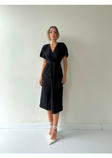 Lorenzo Kruvaze Yaka Kuşaklı Elbise Siyah fırsatları