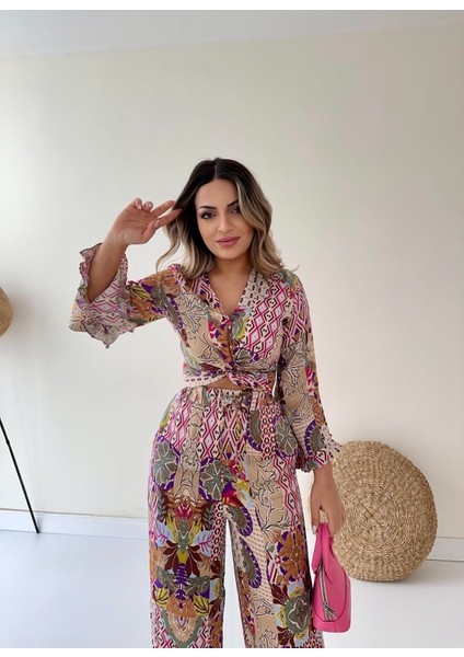 Ispanyol Kol Desenli Saten Takım Pembe