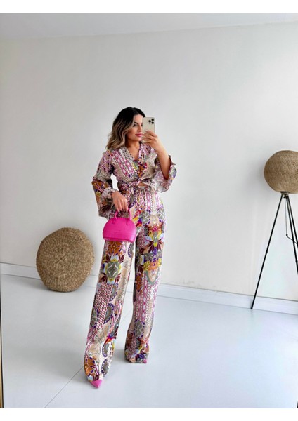 Ispanyol Kol Desenli Saten Takım Pembe