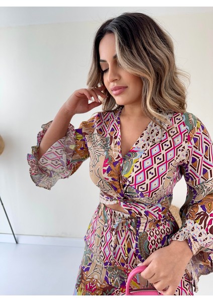 Ispanyol Kol Desenli Saten Takım Pembe