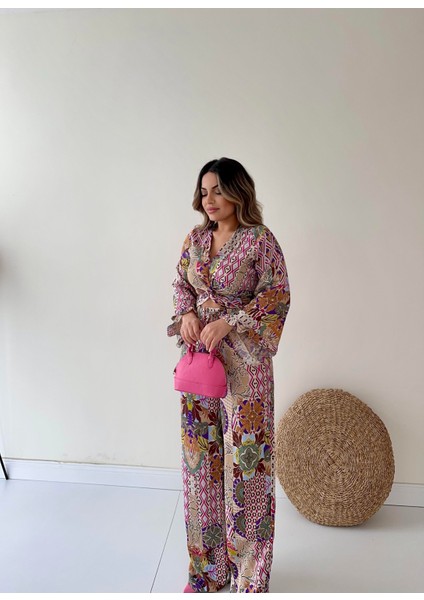 Ispanyol Kol Desenli Saten Takım Pembe