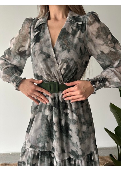 Gömlek Yaka Desenli Şifon Elbise Yeşil fiyatları