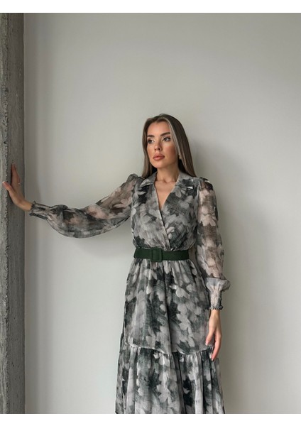 Gömlek Yaka Desenli Şifon Elbise Yeşil modelleri