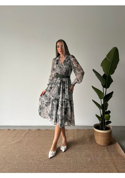 Gömlek Yaka Desenli Şifon Elbise Yeşil fırsatları