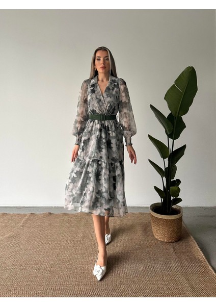 Gömlek Yaka Desenli Şifon Elbise Yeşil indirimleri